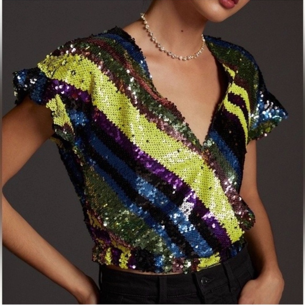 Rdalamal for Anthropologie Sequin V-Neck Short Sleeve Top in Lime Multi